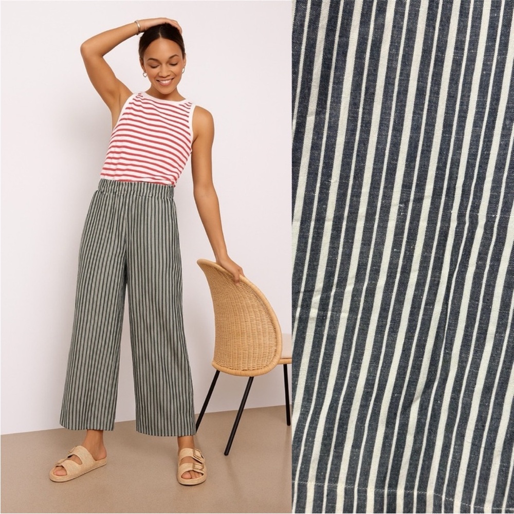 Evereve Gray and White Striped Linen Blend Wide-Leg Pants